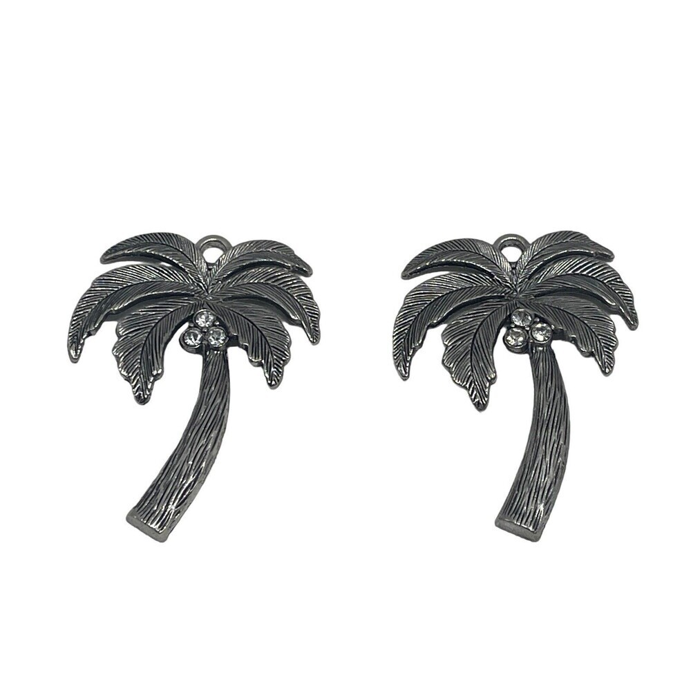 Textured 2 Palm Tree Rhinestone Metal Pendant Silver Gray Tone Large 7624